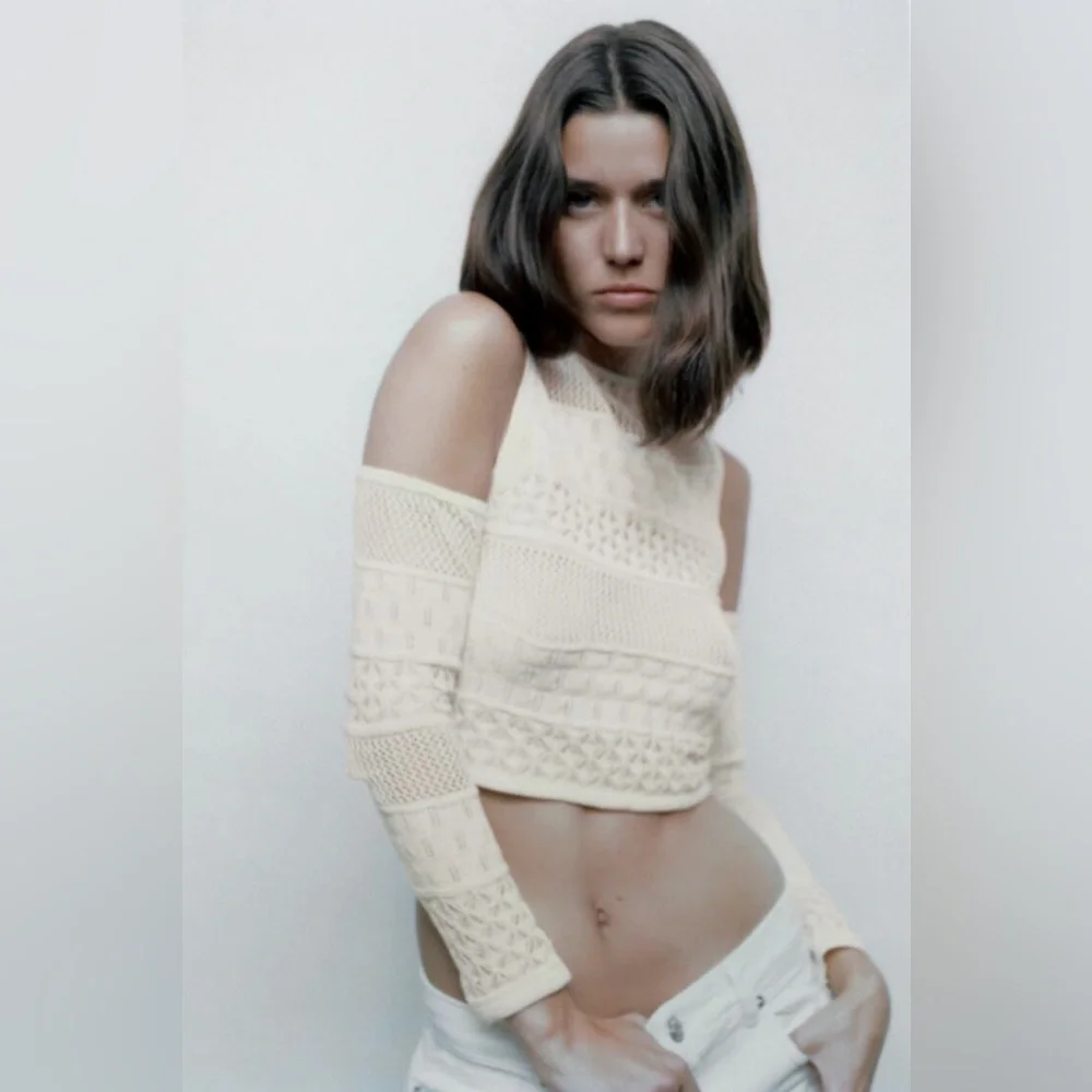 Zara Cream Pointelle Knit Crochet Cutout Long Sleeve Crop Top